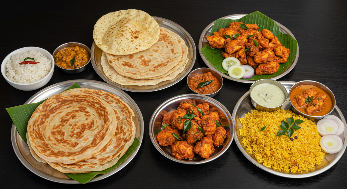 A collage of Kerala dishes served at Tastyoven Manchester